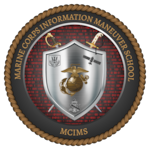 MCIMS Logo depicting a silver shield with crossed swords behind it. Red binary in the background and surrounded by the MCIMS name.
