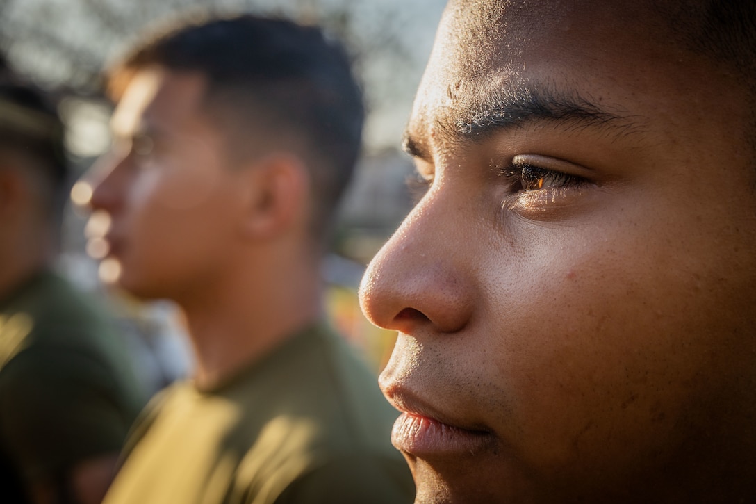 U.S. Marine Corps Lance Cpl. Obrian A. Ortiz, financial management resources analyst, Headquarters Battalion, Marine Forces Reserve, stands at parade rest before the annual birthday motivational run celebrating the 250th birthday of the U.S. Marine Corps, in New Orleans, Nov. 7, 2025. The run started at the Marine Corps Support Facility New Orleans and traveled along the Mississippi River ending back at MCSF. The run celebrates the history of the Marine Corps and creates esprit de corps and comradery among Marines. (U.S. Marine Corps photo by Lance Cpl. Edward Spears)