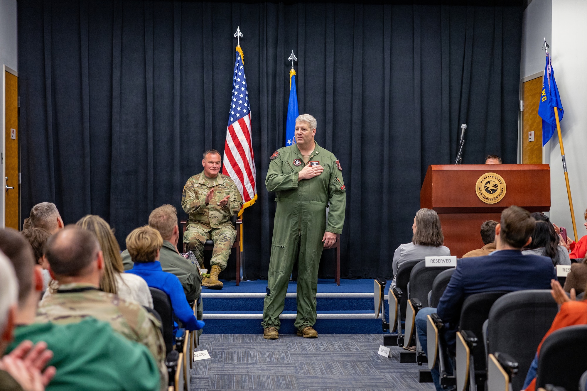 U.S. Air Force Lt. Col. Bart Ward, an A-10C Thunderbolt II aircraft pilot, assigned to the 107th Fighter Squadron, Michigan Air National Guard, speaks during his retirement ceremony at Selfridge Air National Guard Base, Michigan, Nov. 1, 2025. Ward retired from the squadron with more than 1,100 hours combat flight hours.