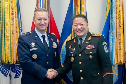 Chairman of the Joint Chiefs of Staff Gen. Dan Caine meets with the Chief of the General Staff of the Mongolian Armed Forces Lt. Gen. Ganbyamba Sunrev at the Pentagon, Washington D.C., Nov. 12, 2025. (DOW Photo by Chief Mass Communication Specialist James Mullen)