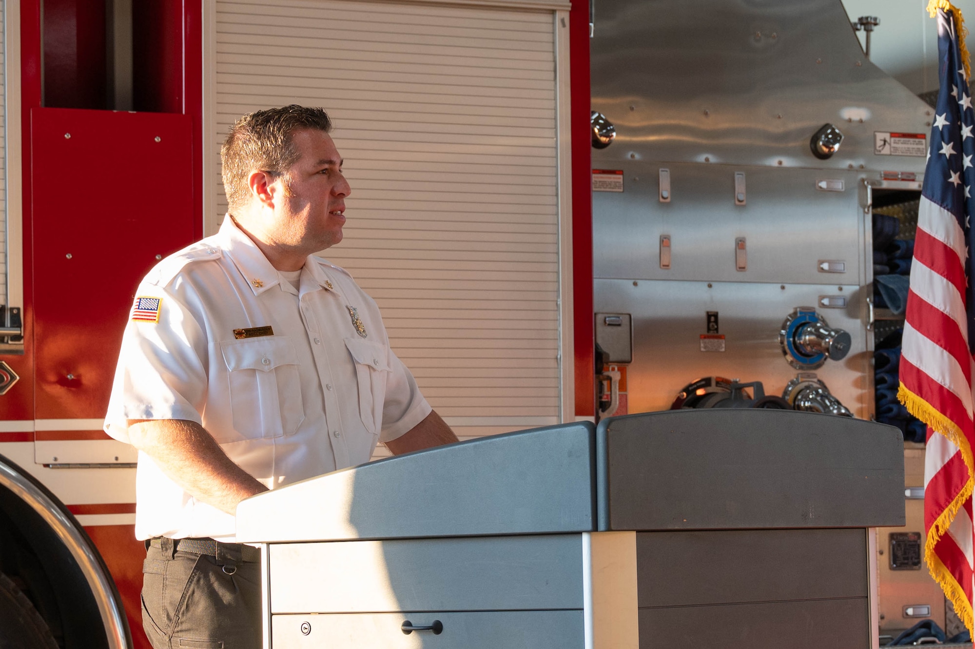 Eric Rasmussen, 7th Civil Engineer Squadron assistant chief of fire prevention, speaks about the importance of fire safety during 2025 Fire Prevention Week proclamation ceremony at Dyess Air Force Base, Texas, Oct. 2, 2025. Fire Prevention Week is an annual campaign dedicated to raising awareness and promoting fire safety practices. (U.S. Air Force photo by Airman William Neal)
