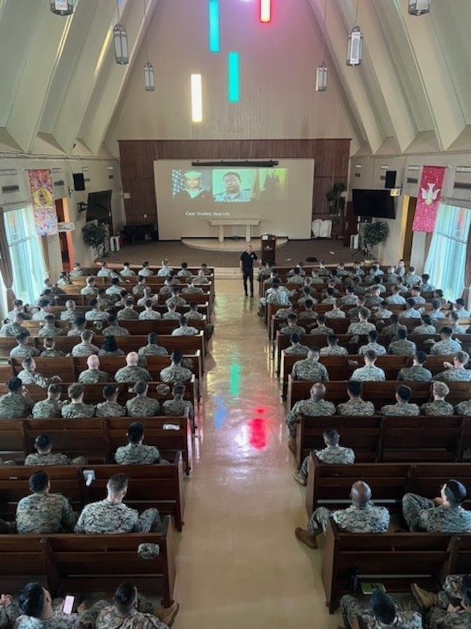 Regional Insider Threat Liaison Analyst Joey Borgardt raises insider threat awareness among III MEF Marines.