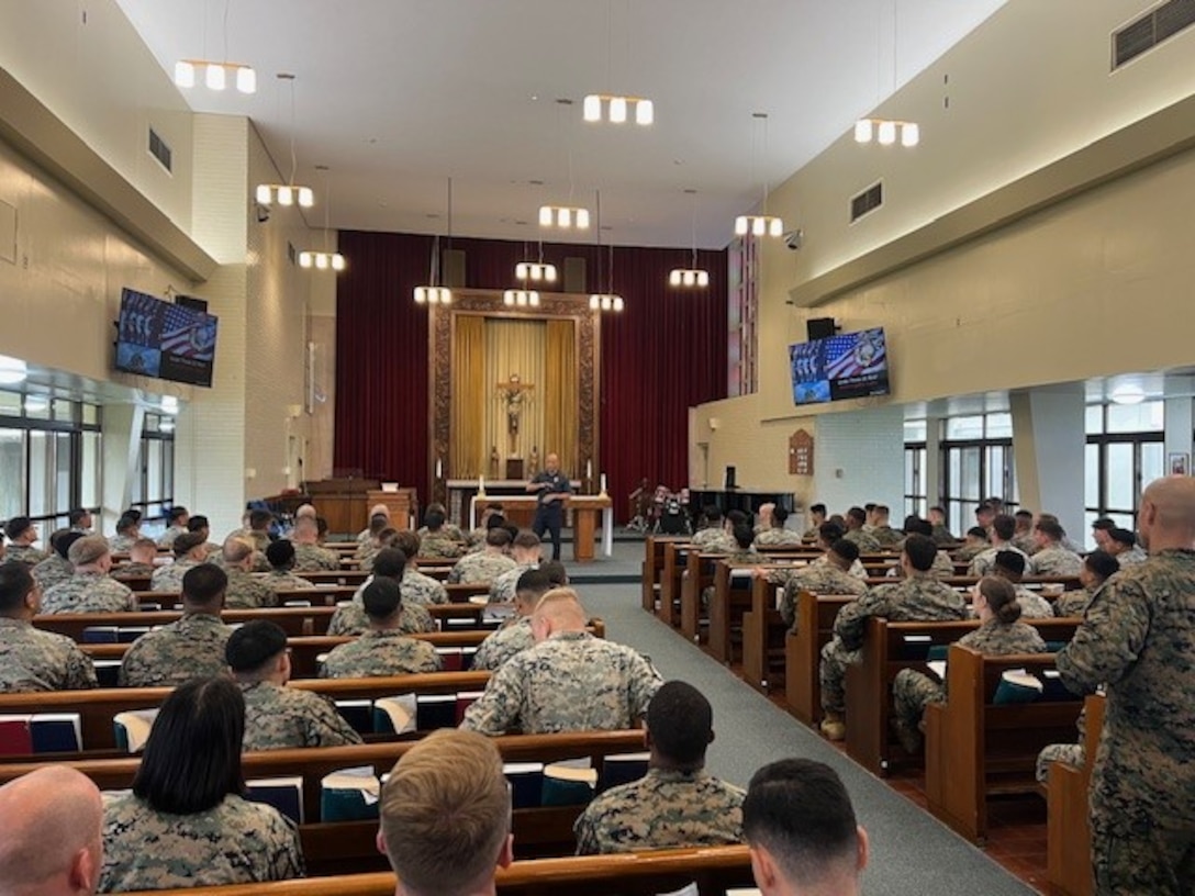 Regional Insider Threat Liaison Analyst Joey Borgardt raises awareness among III MEF Marines.