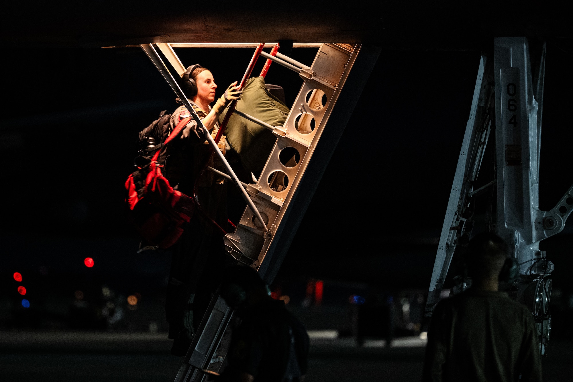 U.S. Airmen assigned to the 9th Bomb Squadron board a B-1B Lancer in support of a Bomber Task Force deployment at Dyess Air Force Base, Texas, Oct. 16, 2025. The 7th Bomb Wing, always ready to respond, is a powerful example of how the U.S. military deters threats and enhances security for the U.S. and our Allies and partners around the world. (U.S. Air Force photo by Senior Airman Jade M. Caldwell)