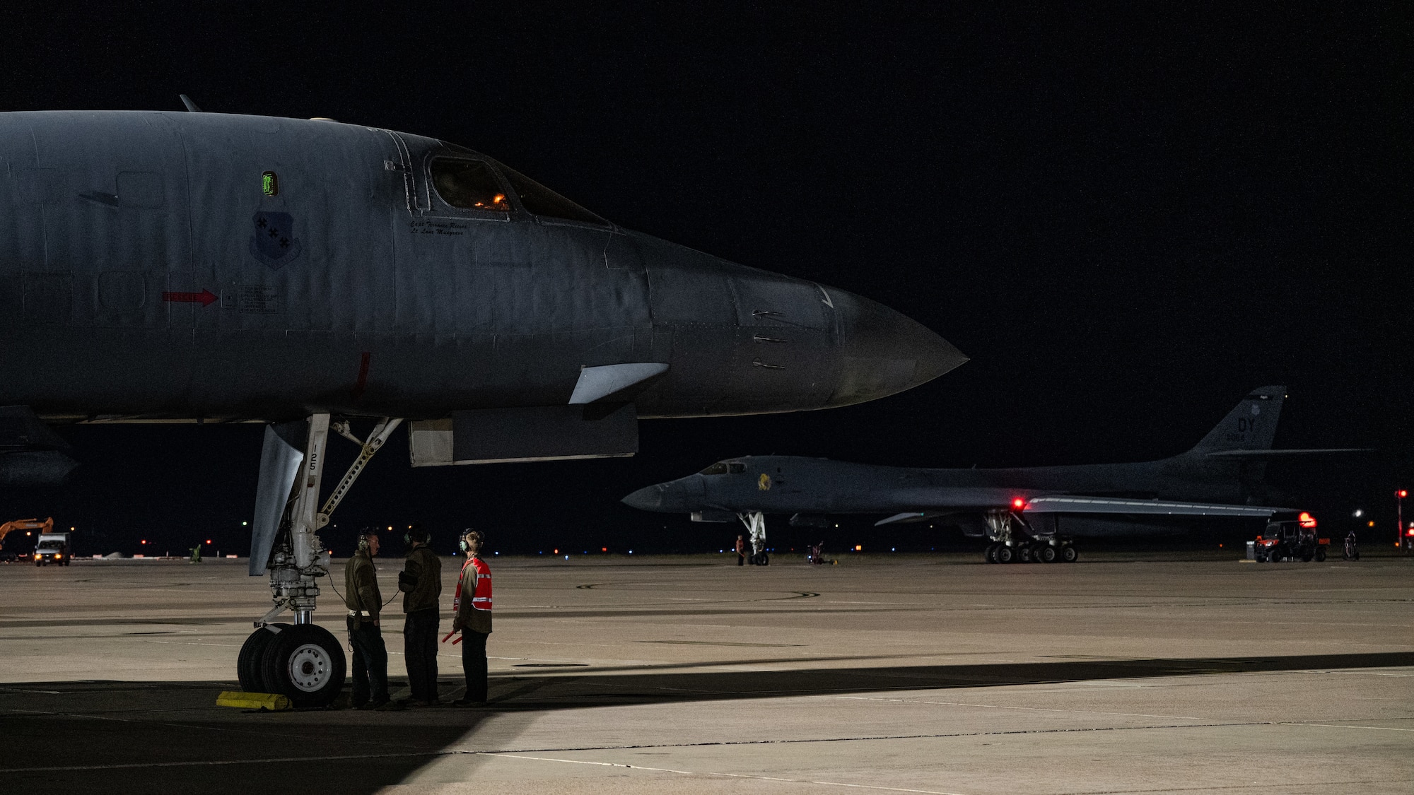 Two U.S. Air Force B-1B Lancer assigned to the 9th Bomb Squadron prepare to depart Dyess Air Force Base, Texas, in support of a Bomber Task Force deployment, Oct. 16, 2025. The U.S. demonstrates its unwavering commitment to Allies and partners through the global presence and actions of its military forces. (U.S. Air Force photo by Senior Airman Jade M. Caldwell)