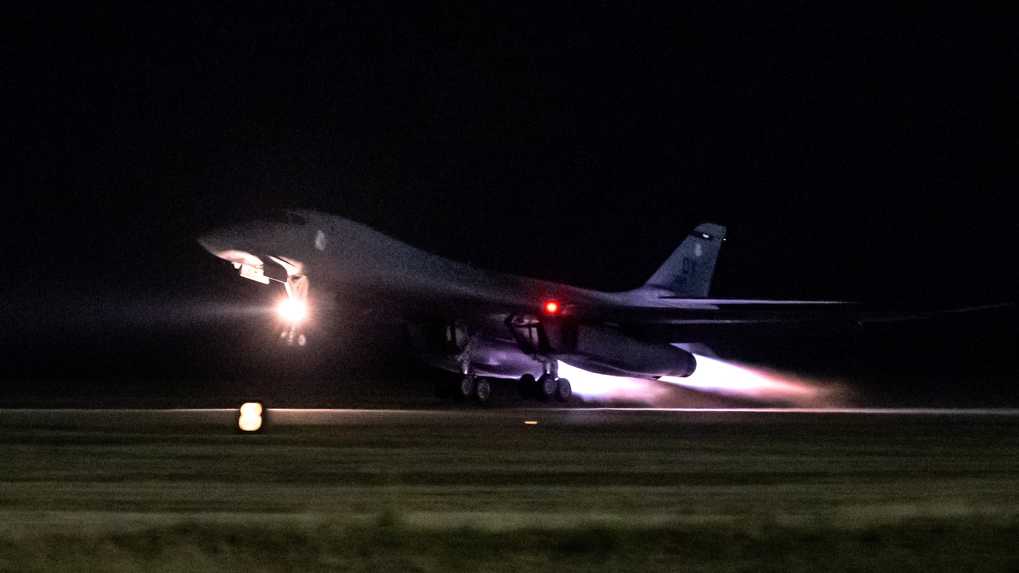 A U.S. Air Force B-1B Lancer assigned to the 9th Bomb Squadron departs Dyess Air Force Base, Texas, in support of a Bomber Task Force deployment, Oct. 16, 2025. This deployment is in support of Pacific Air Forces’ training efforts with Allies, partners, and joint forces and strategic deterrence missions in the Indo-Pacific region. (U.S. Air Force photo by Senior Airman Jade M. Caldwell)