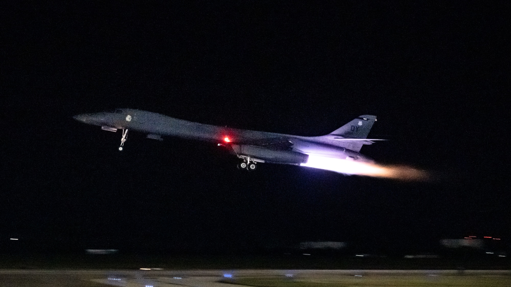 A U.S. Air Force B-1B Lancer assigned to the 9th Bomb Squadron departs Dyess Air Force Base, Texas, in support of a Bomber Task Force deployment, Oct. 16, 2025. This deployment is in support of Pacific Air Forces’ training efforts with Allies, partners, and joint forces and strategic deterrence missions in the Indo-Pacific region. (U.S. Air Force photo by Senior Airman Jade M. Caldwell)