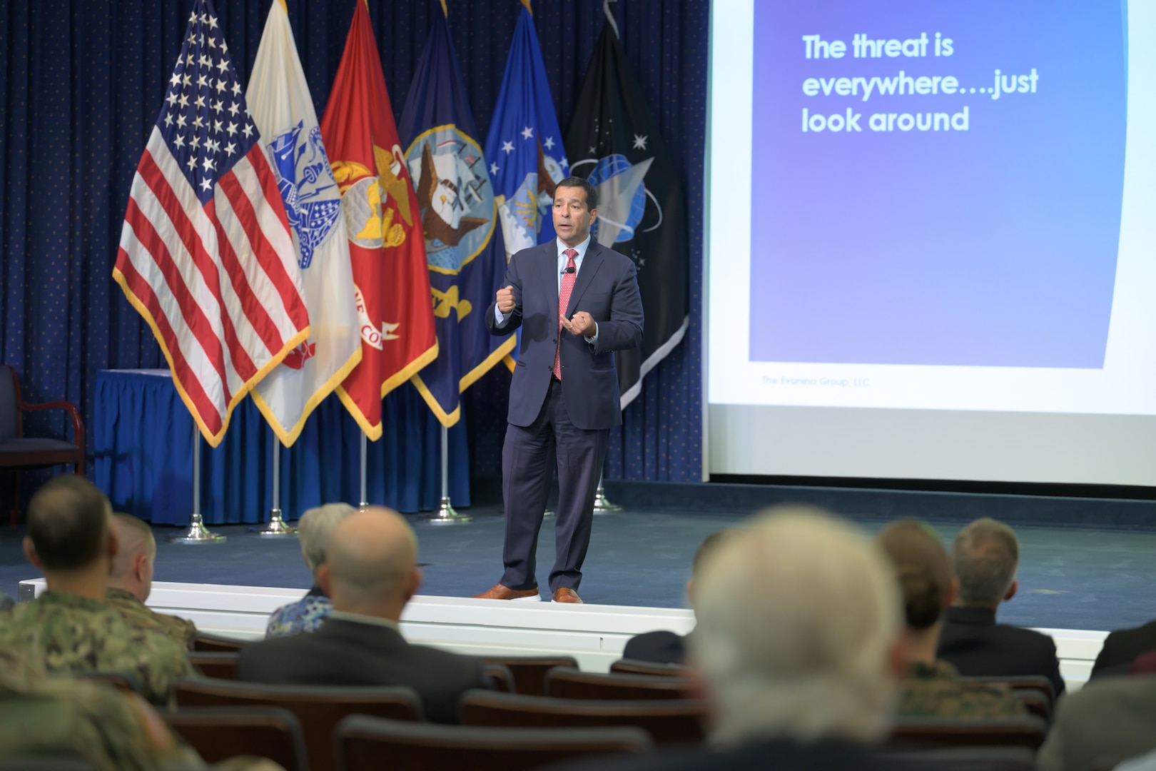 William Evanina, former director of the National Counterintelligence and Security Center, speaks to Defense Logistics Agency employees about modernization to counter global threats at Fort Belvoir, Virginia, Oct. 22, 2025. The event is part of DLA’s Campaign of Learning to foster understanding and collaboration among joint logisticians dealing with new threats in the competition for world power. (DOD photo by Chris Lynch)