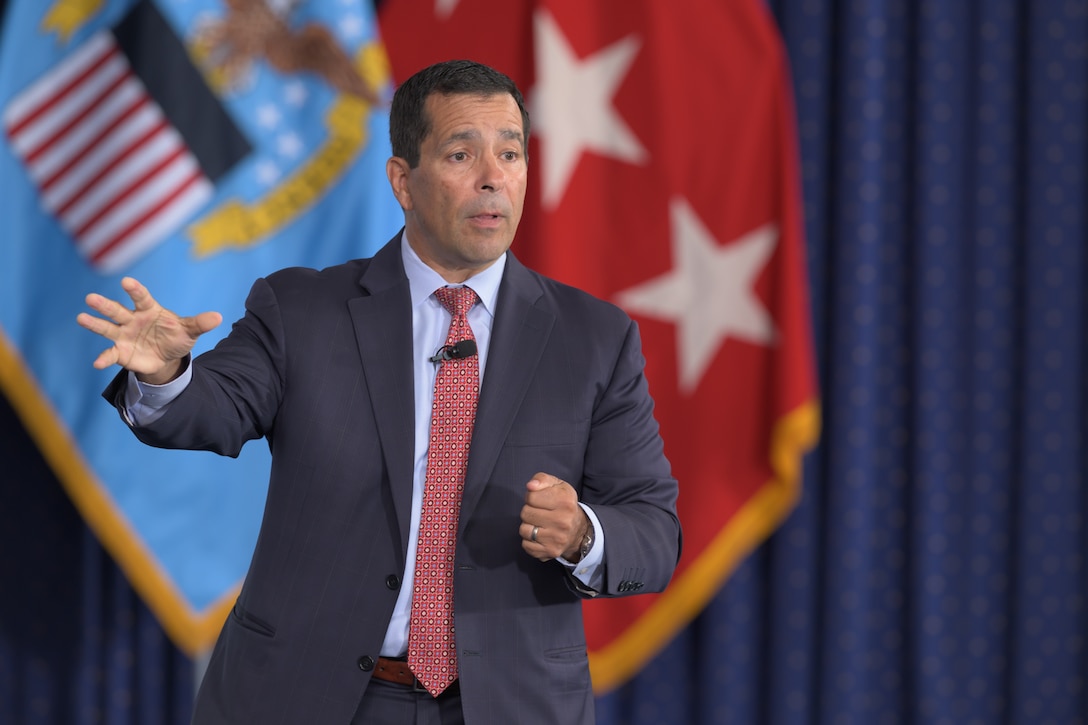 William Evanina, former director of the National Counterintelligence and Security Center, speaks to Defense Logistics Agency employees about modernization to counter global threats at Fort Belvoir, Virginia, Oct. 22, 2025. The event is part of DLA’s Campaign of Learning to foster understanding and collaboration among joint logisticians dealing with new threats in the competition for world power. (DOD photo by Chris Lynch)
