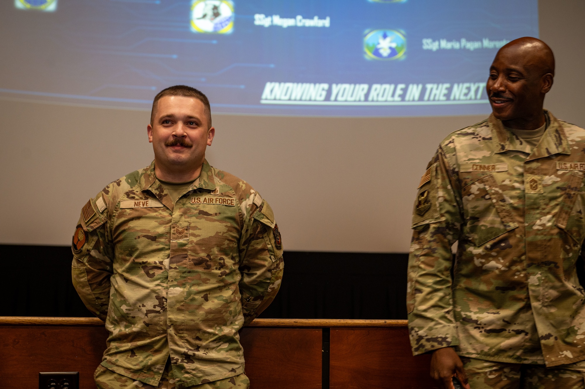 Staff Sgt. Anthony Neve, 87th Medical Group medical logistician, shares how he exemplifies being an NCO during the 87th Air Base Wing NCO Call at Joint Base McGuire-Dix-Lakehurst, N.J. on September 29, 2025.