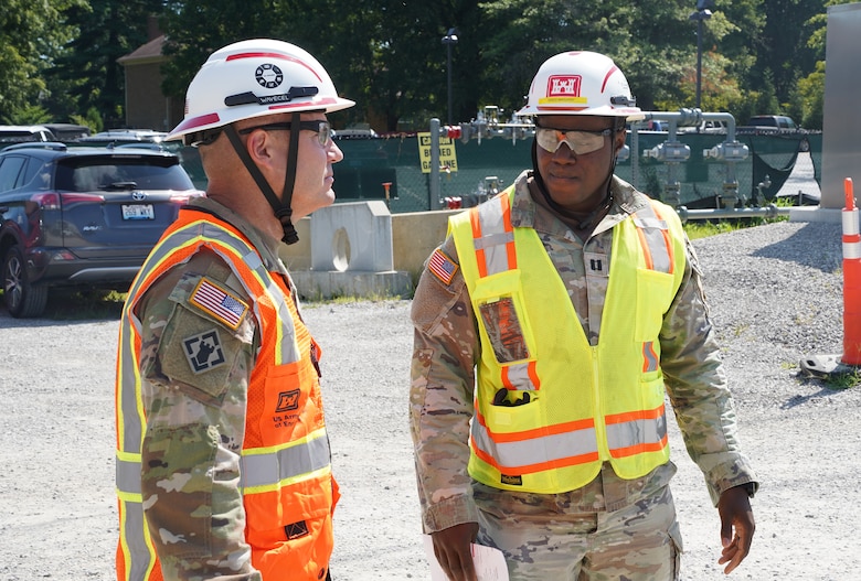 U.S. Army Capt. Idriss Mansaray (right) speaks with Command Sgt. Maj. Douglas Galick, U.S. Army Corps of Engineers Command Sergeant Major, during a recent visit to the Louisville VA Medical Center project.