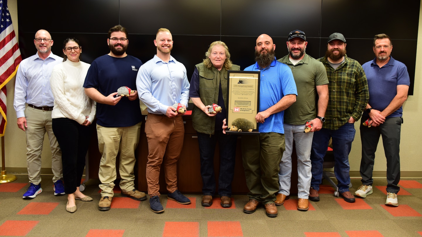 Tim Fudge, U.S. Army Corps of Engineers Nashville District Operations Division chief, recognizes employees with the U.S. Army Corps of Engineers Nashville District’s Hedgehog Award Nov. 12, 2025, at the headquarters in Nashville, Tennessee, for their efforts supporting back-to-back critical repair actions this past year at Wilson and Pickwick Locks on the Tennessee River. (USACE Photo by Lee Roberts)