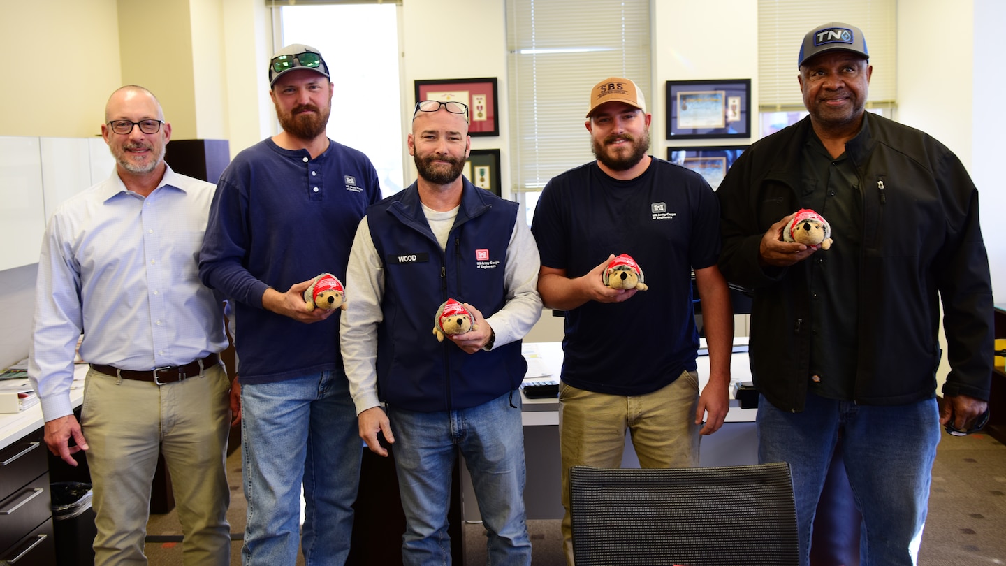 Tim Fudge, U.S. Army Corps of Engineers Nashville District Operations Division chief, recognizes employees with the U.S. Army Corps of Engineers Nashville District’s Hedgehog Award Nov. 12, 2025, at the headquarters in Nashville, Tennessee, for their efforts supporting back-to-back critical repair actions this past year at Wilson and Pickwick Locks on the Tennessee River. (USACE Photo by Lee Roberts)