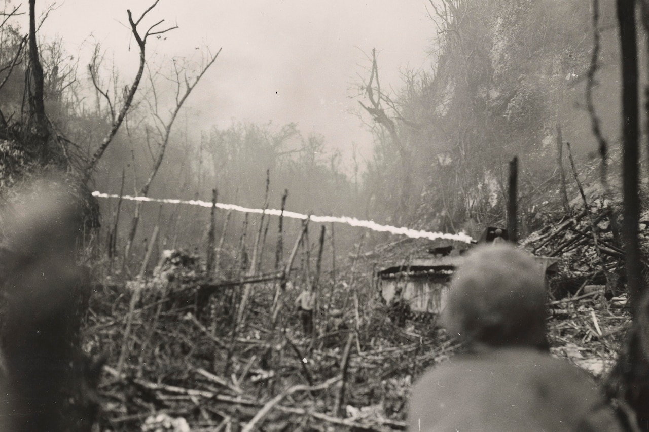 A person wearing a military uniform looks forward at the edge of a burned-down forest. Another person in a military uniform walks in the distance, and a line of flame from a flamethrower rips from a tank sitting in the middle of the carnage.
