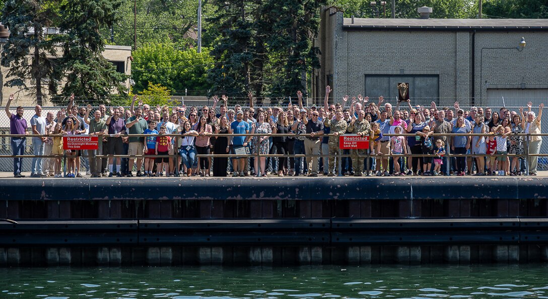 The U.S. Army Corps of Engineers, Buffalo District teammates gathered together for a final team photo on the Black Rock Lock following it's final annual town hall awards ceremony at the District Headquarters, July 14, 2023, located at 1776 Niagara Street prior to the move to the new headquarters in downtown Buffalo, NY.