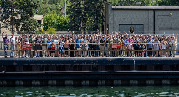 The U.S. Army Corps of Engineers, Buffalo District teammates gathered together for a final team photo on the Black Rock Lock following it's final annual town hall awards ceremony at the District Headquarters, July 14, 2023, located at 1776 Niagara Street prior to the move to the new headquarters in downtown Buffalo, NY.