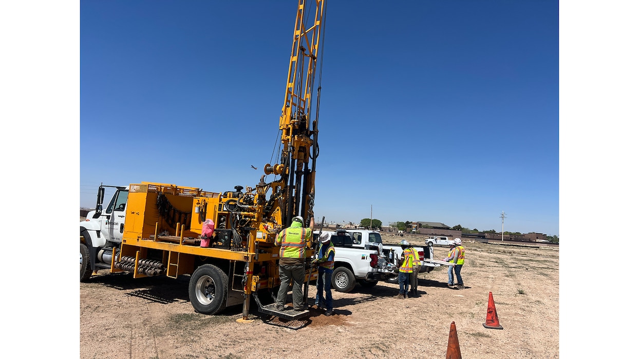 The Albuquerque District’s geotechnical team and AE contractors work on the geotechnical drilling investigation at the Kirtland Air Force Base Space Systems Command project, July 23, 2025. Photo by Chris Carroll.