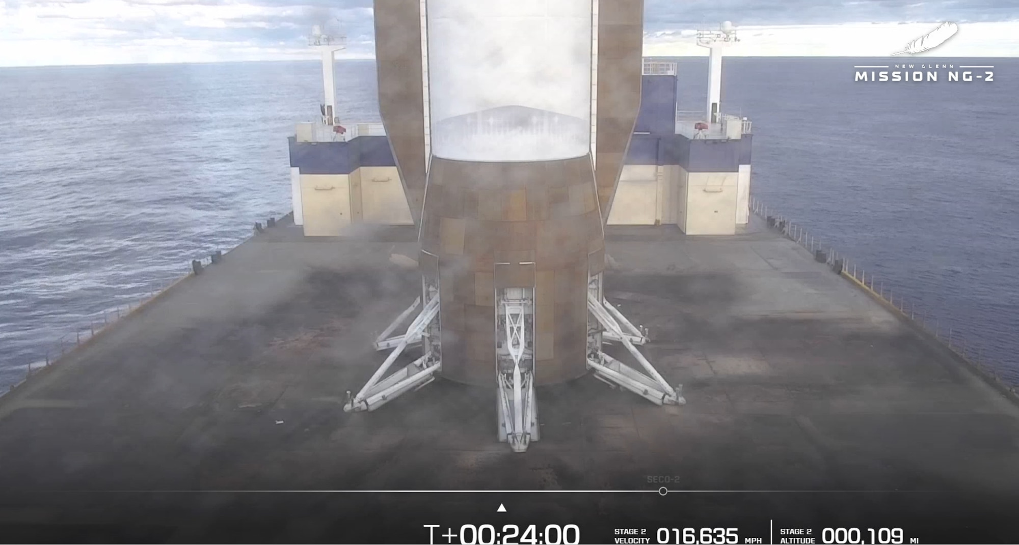 The first stage booster of Blue Origin’s New Glenn-2 launch vehicle, carrying two ESCAPADE (Escape and Plasma Acceleration and Dynamics Explorers) satellites to Mars for NASA, scores a perfect bull’s eye landing on the drone ship Jacklyn in the Atlantic ocean. Space Systems Command (SSC) continues its process of certifying New Glenn for National Security Space Launches after the successful NG-2 launch Nov. 13 at 3:55 p.m. EST from Space Launch Complex (SLC)-36 at Cape Canaveral Space Force Station, Florida. The U.S. Space Force’s (USSF) Assured Access to Space (AATS) Certification Team from System Delta 80 (SYD 80) were on site to observe the second flight of Blue Origin’s New Glenn. (Photo courtesy Blue Origin)