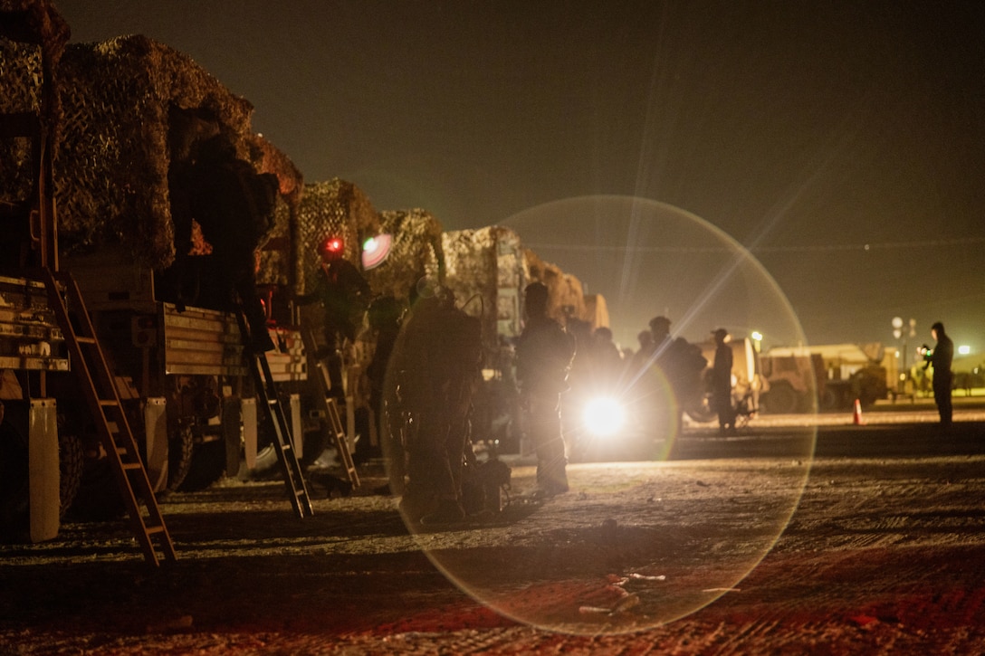 U.S. Soldiers with 1st Battalion, 17th Regiment, 22nd Stryker Brigade Combat Team, and Republic of Korea soldiers attached to 115th Mechanized Battalion prepare to convoy to the designated training area at National Training Center on Fort Irwin, California, Sept. 5, 2025. National Training Center exercise focuses on joint readiness through bilateral interoperability and strengthening partnerships in an all-domain environment. (U.S. Marine Corps photo by Cpl. Peyton Kahle)