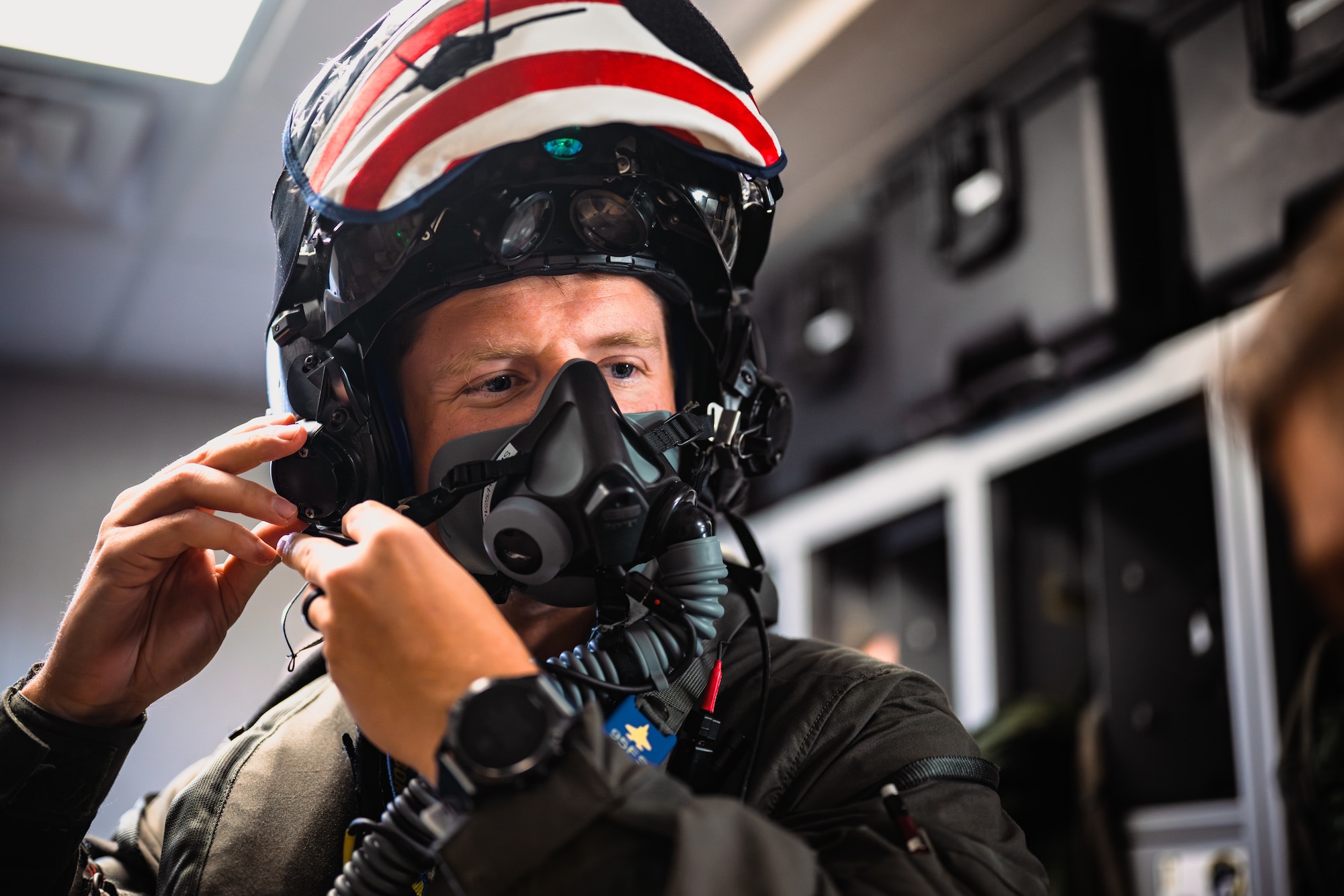 Pilot does a helmet fit-check