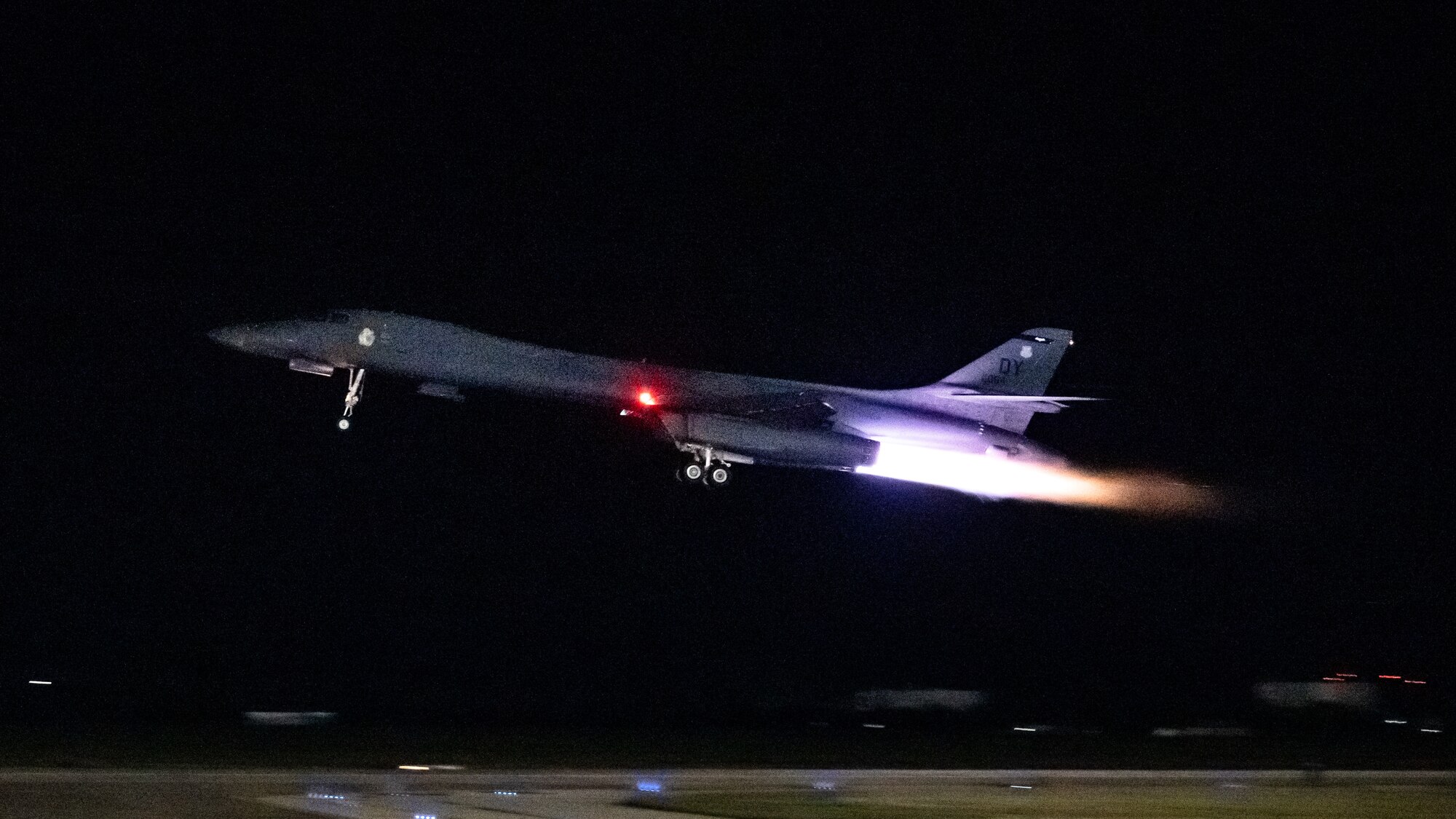 A U.S. Air Force B-1B Lancer assigned to the 9th Bomb Squadron departs Dyess Air Force Base, Texas, in support of a Bomber Task Force deployment, Oct. 16, 2025. This deployment is in support of Pacific Air Forces’ training efforts with Allies, partners, and joint forces and strategic deterrence missions in the Indo-Pacific region. (U.S. Air Force photo by Senior Airman Jade M. Caldwell)