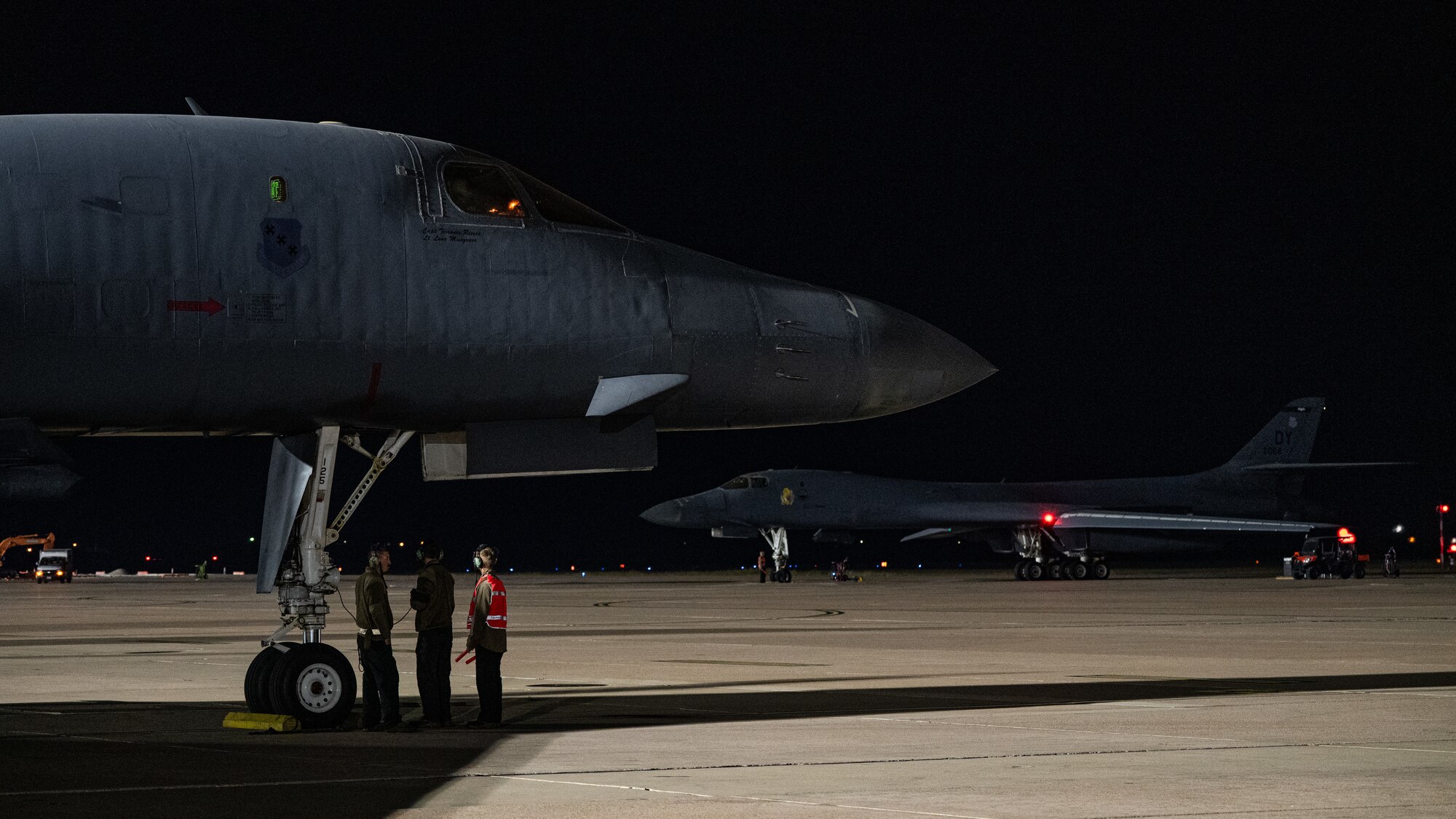 Two U.S. Air Force B-1B Lancer assigned to the 9th Bomb Squadron prepare to depart Dyess Air Force Base, Texas, in support of a Bomber Task Force deployment, Oct. 16, 2025. The U.S. demonstrates its unwavering commitment to Allies and partners through the global presence and actions of its military forces. (U.S. Air Force photo by Senior Airman Jade M. Caldwell)