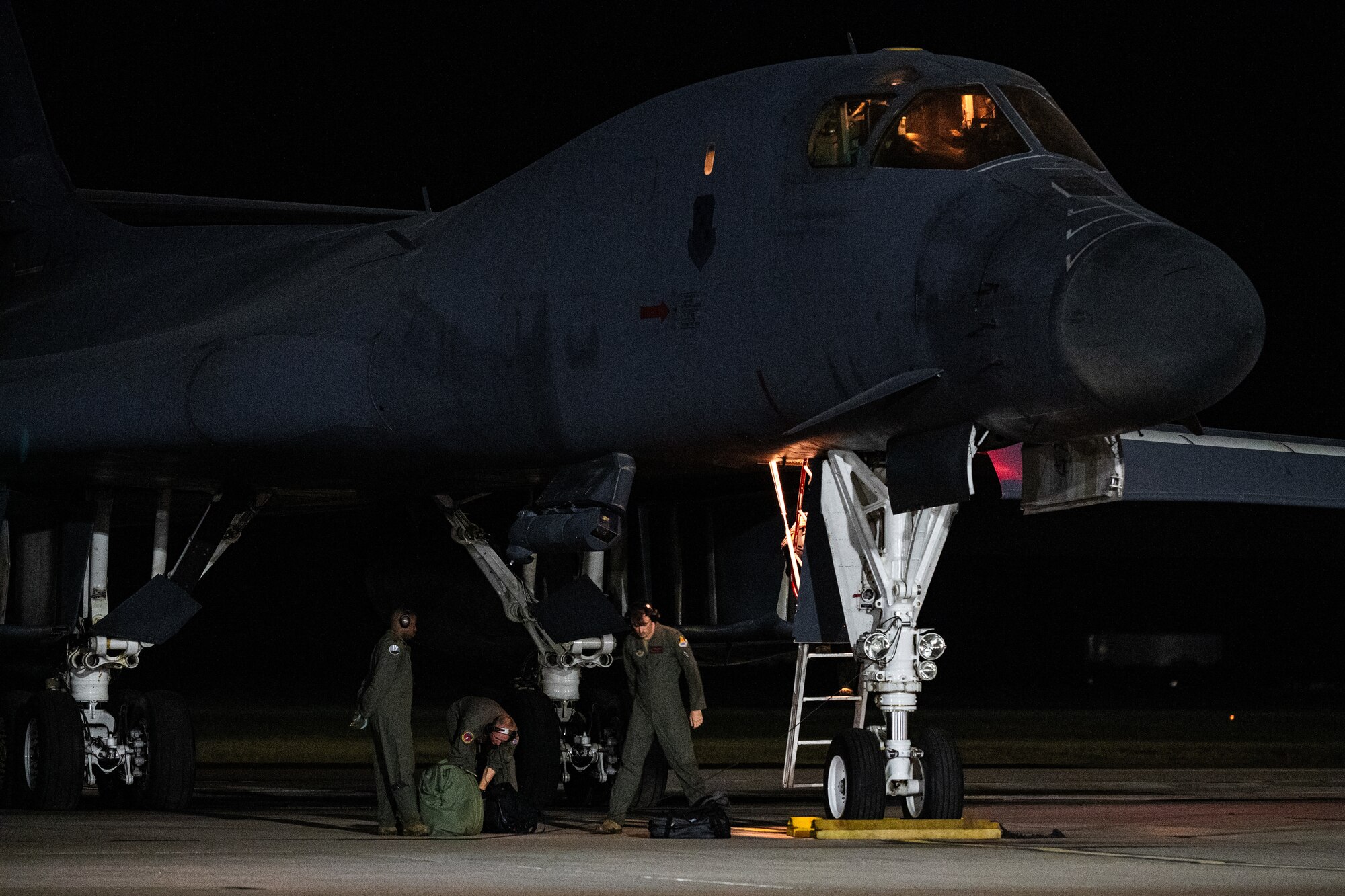 U.S. Airmen assigned to the 9th Bomb Squadron perform preflight inspections on a B-1B Lancer in support of a Bomber Task Force deployment at Dyess Air Force Base, Texas, Oct. 16, 2025. The 7th Bomb Wing, always ready to respond, is a powerful example of how the U.S. military deters threats and enhances security for the U.S. and our allies around the world. (U.S. Air Force photo by Senior Airman Jade M. Caldwell)