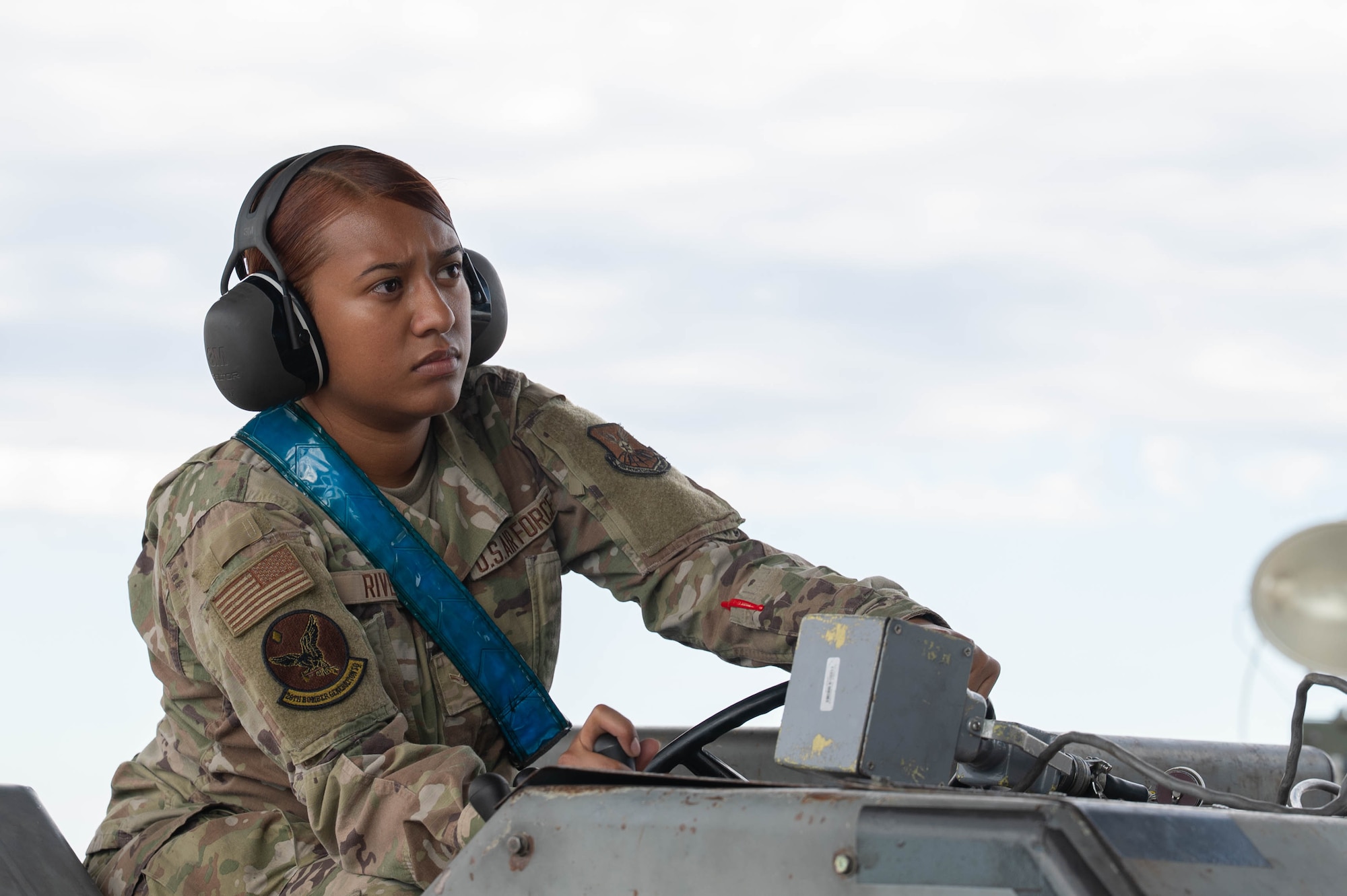 U.S. Air Force Airman Madeline Guevara Rivera, 28th Bomber Generation Squadron weapons load crew member, operates an MHU-830 Lift Truck during exercise Death Strike 25-03 at Dyess Air Force Base, Texas, Sept. 23, 2025. During the exercise the 28th BGS loaded inert JASSMs onto B-1B Lancers, refining procedures to improve sortie generation speed. (U.S. Air Force photo by Airman William Neal)