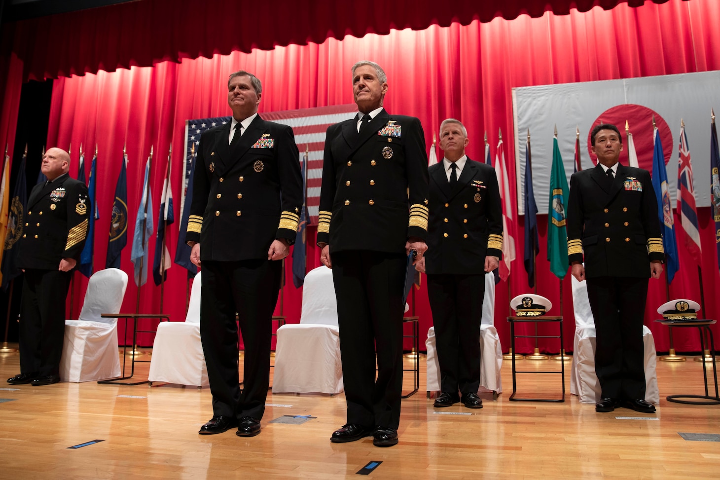 Adm. Steve Koehler, commander, U.S. Pacific Fleet, awards Vice Adm. Fred Kacher, Commander, U.S. 7th Fleet, the Distinguished Service Medal during the U.S. 7th Fleet Change of Command ceremony on board Commander, Fleet Activities Yokosuka, Nov. 13.