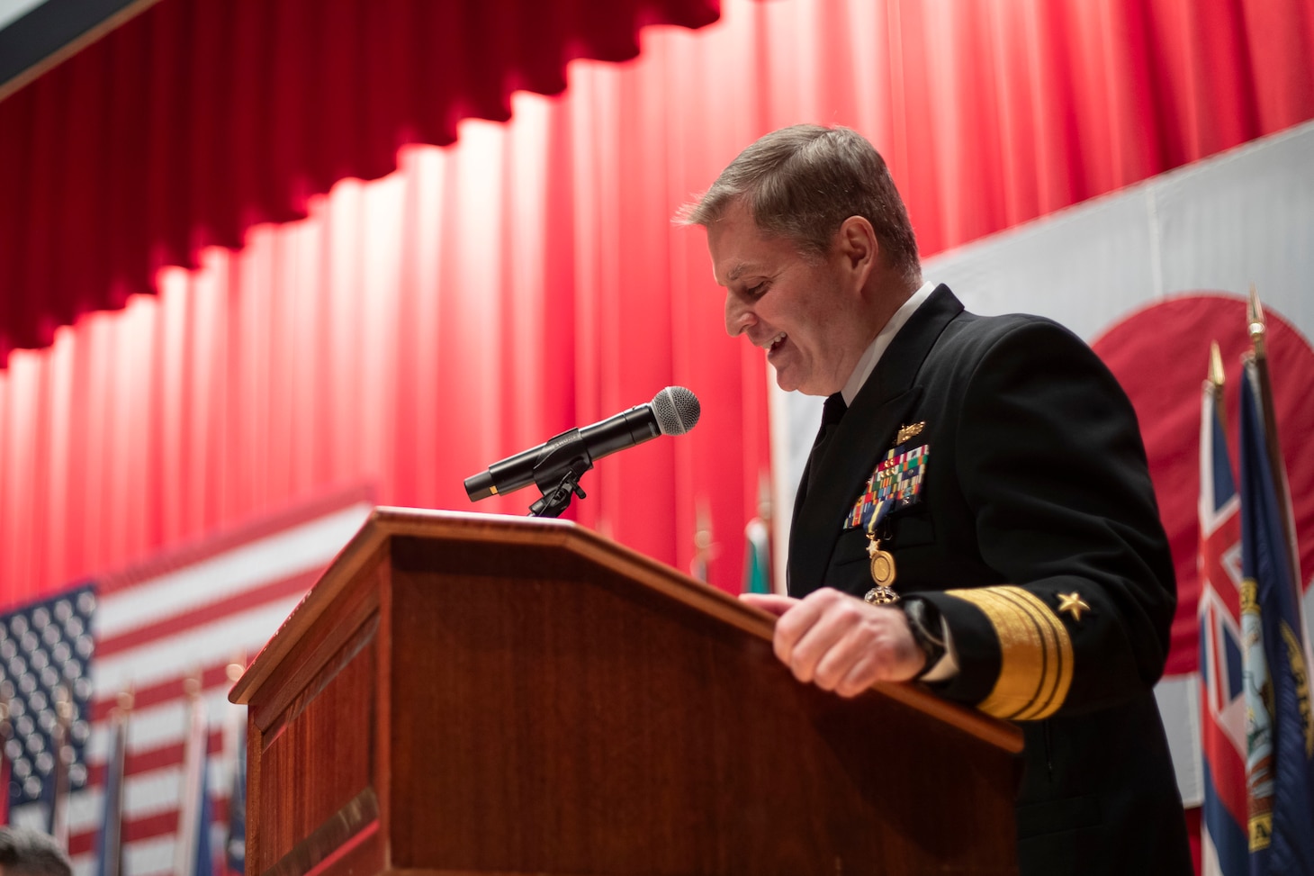 Vice Adm. Fred Kacher, Commander, U.S. 7th Fleet, speaks during the U.S. 7th Fleet Change of Command ceremony on board Commander, Fleet Activities Yokosuka, Nov. 13.