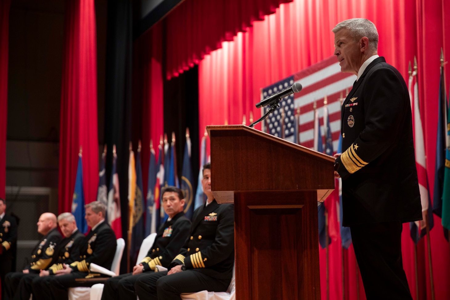Vice Adm. Patrick Hannifin, 55th commander of U.S. 7th Fleet, speaks during the U.S. 7th Fleet Change of Command ceremony on board Commander, Fleet Activities Yokosuka, Nov. 13.