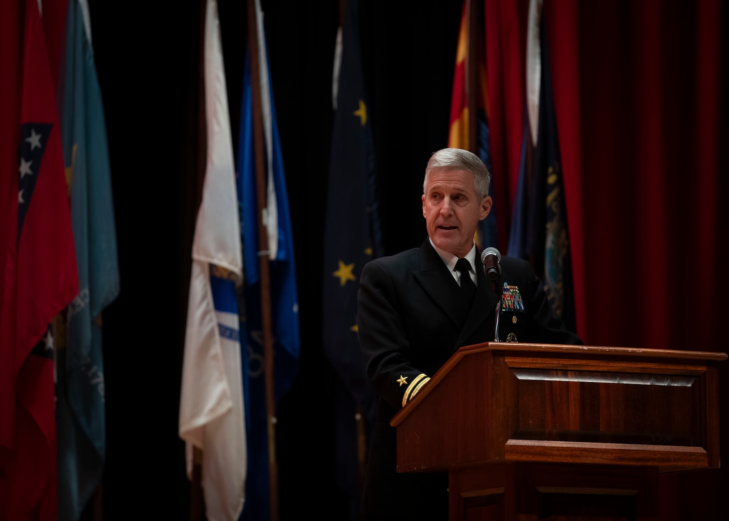Adm. Steve Koehler, commander, U.S. Pacific Fleet, gives remarks during the U.S. 7th Fleet Change of Command ceremony onboard Commander, Fleet Activities Yokosuka, Nov. 13, 2025.