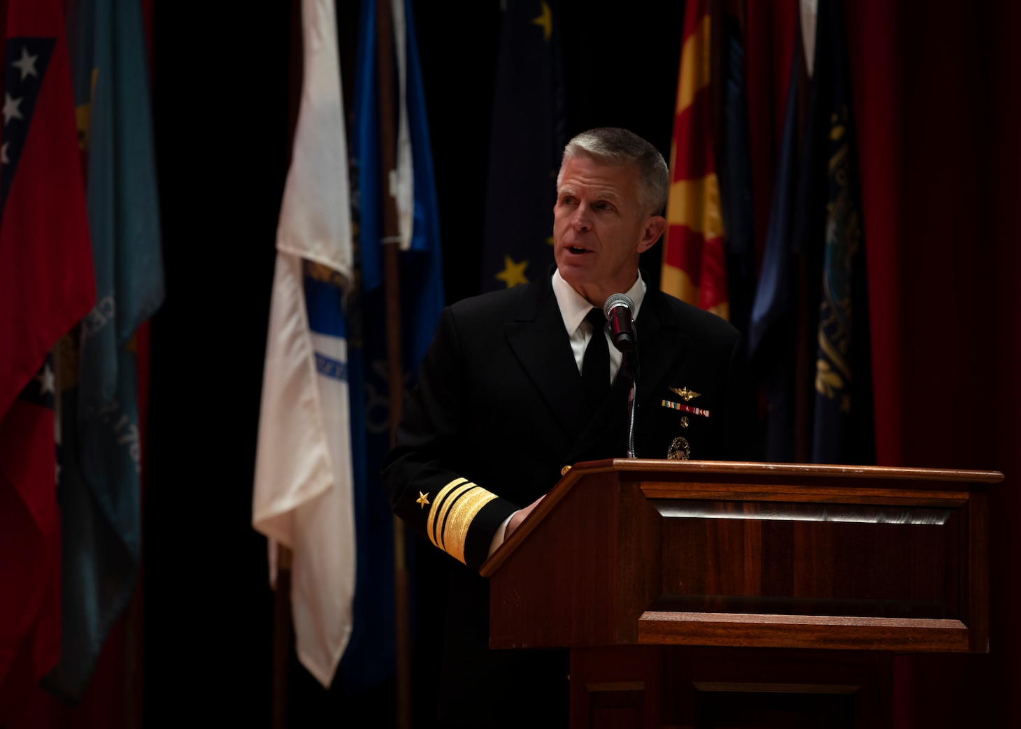 U.S. 7th Fleet Commander Vice Adm. Patrick Hannifin, provides remarks during the U.S. 7th Fleet Change of Command ceremony onboard Commander, Fleet Activities Yokosuka, Nov. 13, 2025.