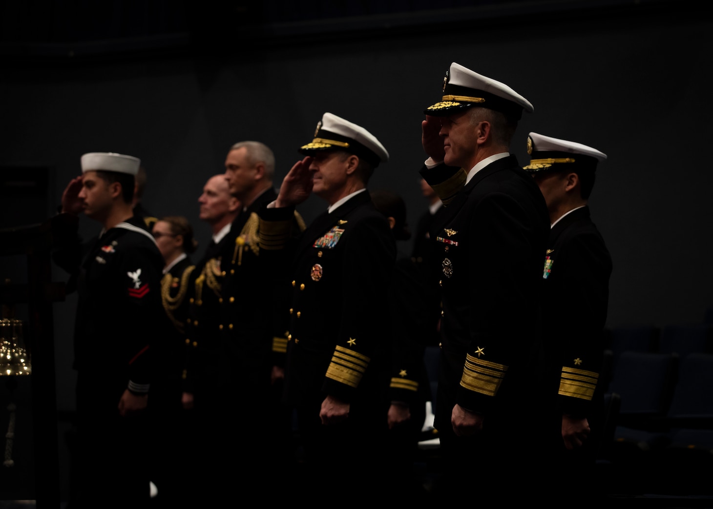Adm. Steve Koehler, commander, U.S. Pacific Fleet (center), U.S. 7th Fleet Commander Vice Adm. Patrick Hannifin (center right), and Japan Maritime Self Defense Force Vice Adm. OMACHI Katsushi (right) render honors at the conclusion of the U.S. 7th Fleet Change of Command ceremony onboard Commander, Fleet Activities Yokosuka, Nov. 13, 2025.