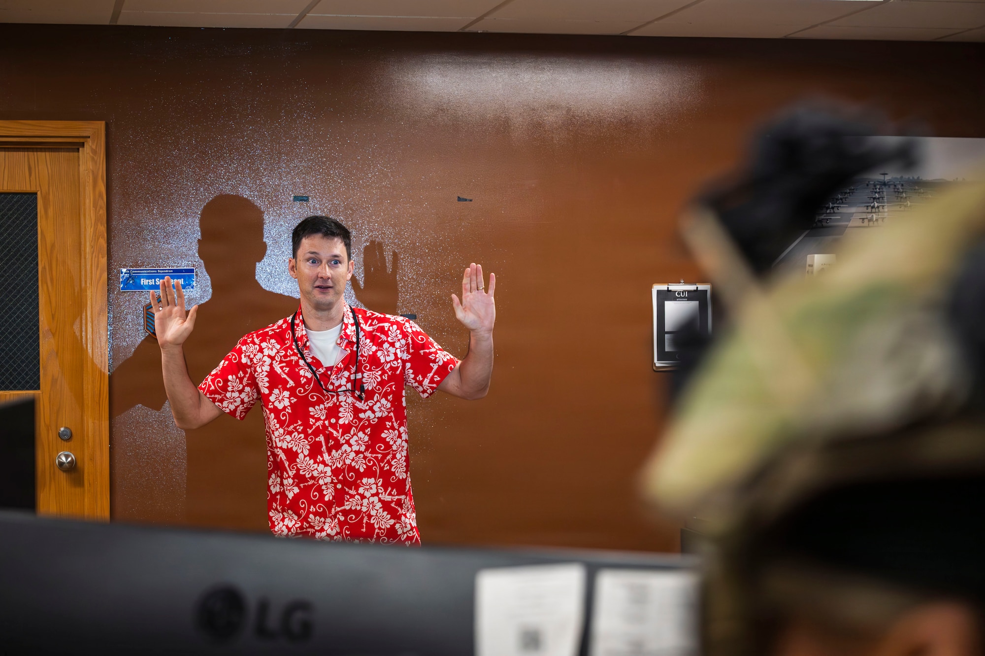 U.S. Air Force Master Sgt. Rory Morris, 18th Wing Inspector General superintendent, plays the role of a suspect during a simulated active shooter exercise at Kadena Air Base, Japan, Nov. 4, 2025.