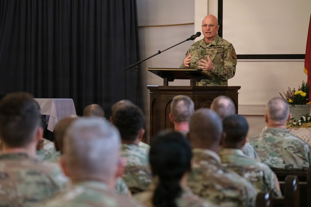 U.S. Army Reserve 1st Lt. Vanessa Medina, the 510th Regional Support Group’s Headquarters and Headquarters Company executive officer, poses for a photo besides her spouse after the conclusion of her unit’s farewell ceremony Oct. 24, 2025, at Daenner Chapel on Daenner Kaserne. The 510th RSG, 7th Mission Support Command, is scheduled to mobilize across the European theater, assuming base support and life-sustainment operation responsibilities from the 297th RSG of the Alaska National Guard, reinforcing the Army’s deterrence posture along the eastern flank. (U.S. Army Reserve photo by Lt. Col. William Wratee).