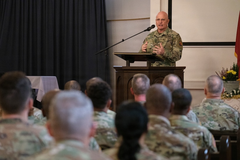 U.S. Army Reserve 1st Lt. Vanessa Medina, the 510th Regional Support Group’s Headquarters and Headquarters Company executive officer, poses for a photo besides her spouse after the conclusion of her unit’s farewell ceremony Oct. 24, 2025, at Daenner Chapel on Daenner Kaserne. The 510th RSG, 7th Mission Support Command, is scheduled to mobilize across the European theater, assuming base support and life-sustainment operation responsibilities from the 297th RSG of the Alaska National Guard, reinforcing the Army’s deterrence posture along the eastern flank. (U.S. Army Reserve photo by Lt. Col. William Wratee).