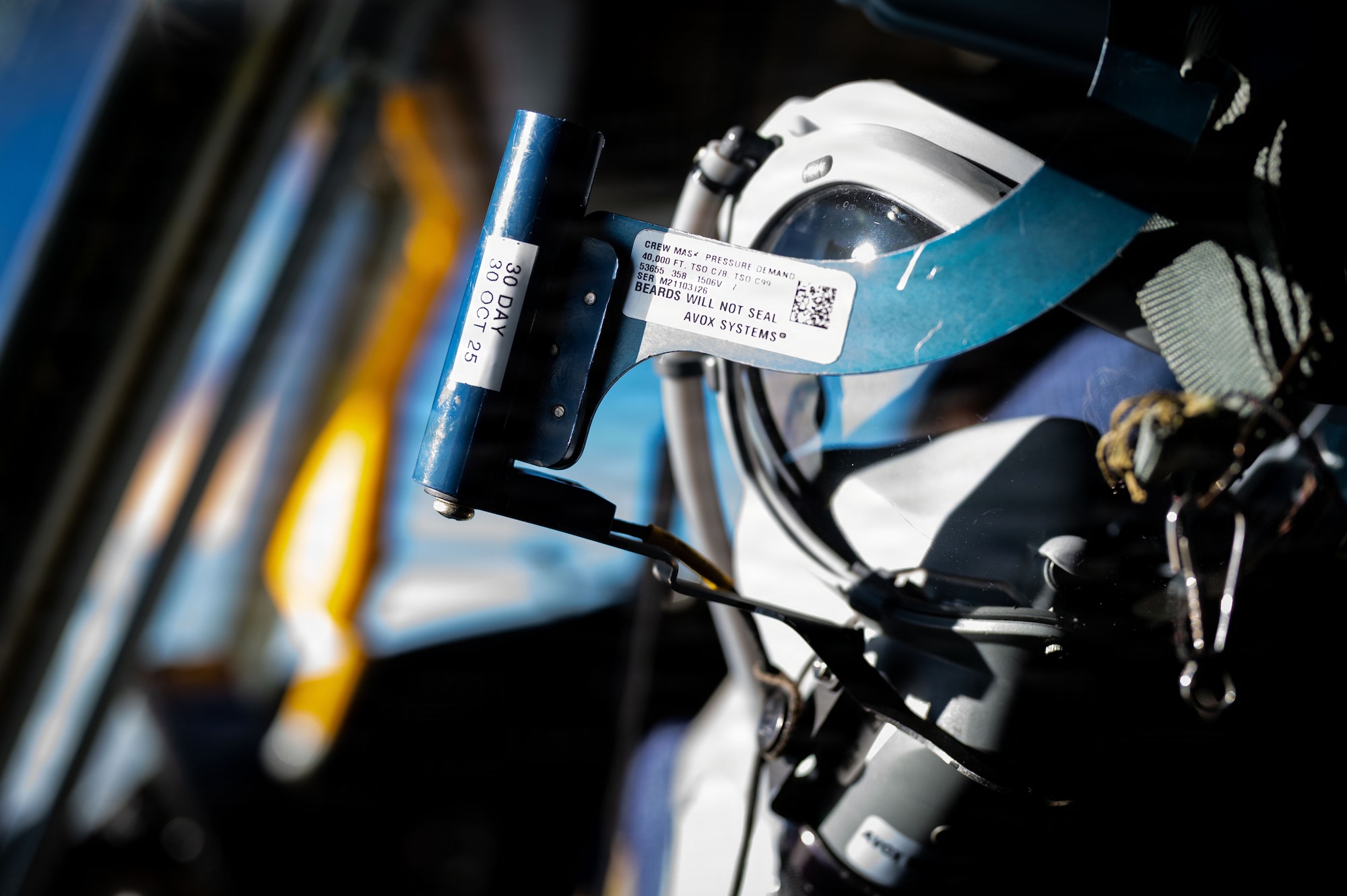 An oxygen mask hangs inside a KC-135 Stratotanker aircraft from the 100th Air Refueling Wing during exercise Ocean Sky, over the Atlantic Ocean, Oct. 15, 2025.