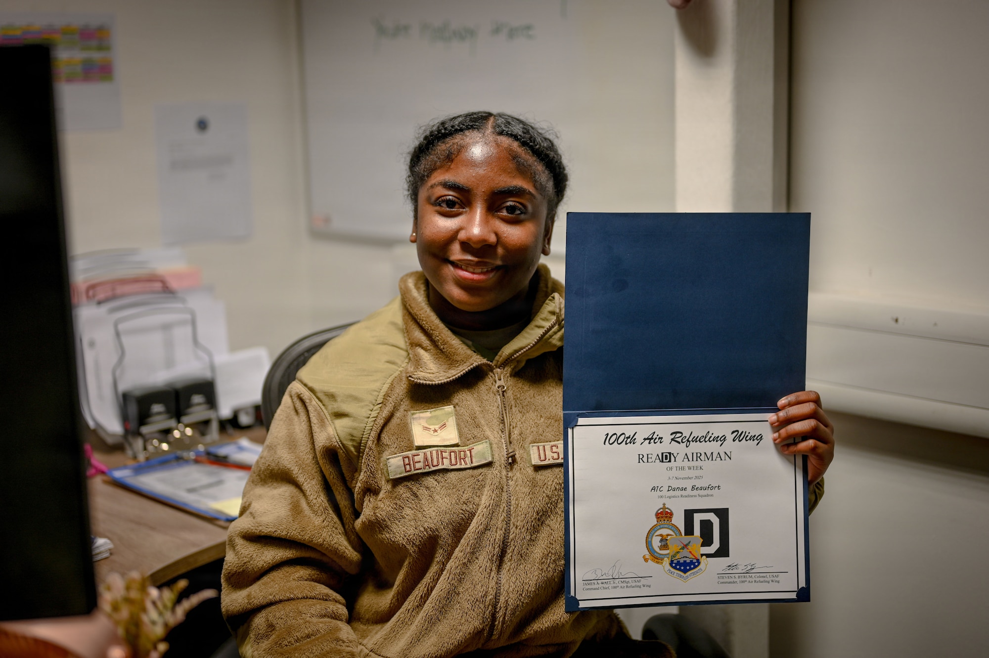 U.S. Air Force Airman 1st Class Danae Beaufort, 100th logistics Readiness Squadron fleet management and analysis journeyman is recognized as The ReaDy Airman of the Week at RAF Mildenhall, England, Nov. 6, 2025.
