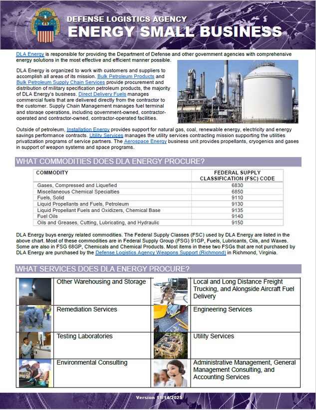 Energy flyer provides information on what is procured, where to find procurement opportunities, major spend patterns, training opportunities, and contact info.