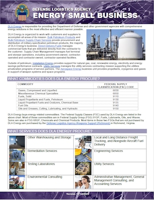 Energy flyer provides information on what is procured, where to find procurement opportunities, major spend patterns, training opportunities, and contact info.