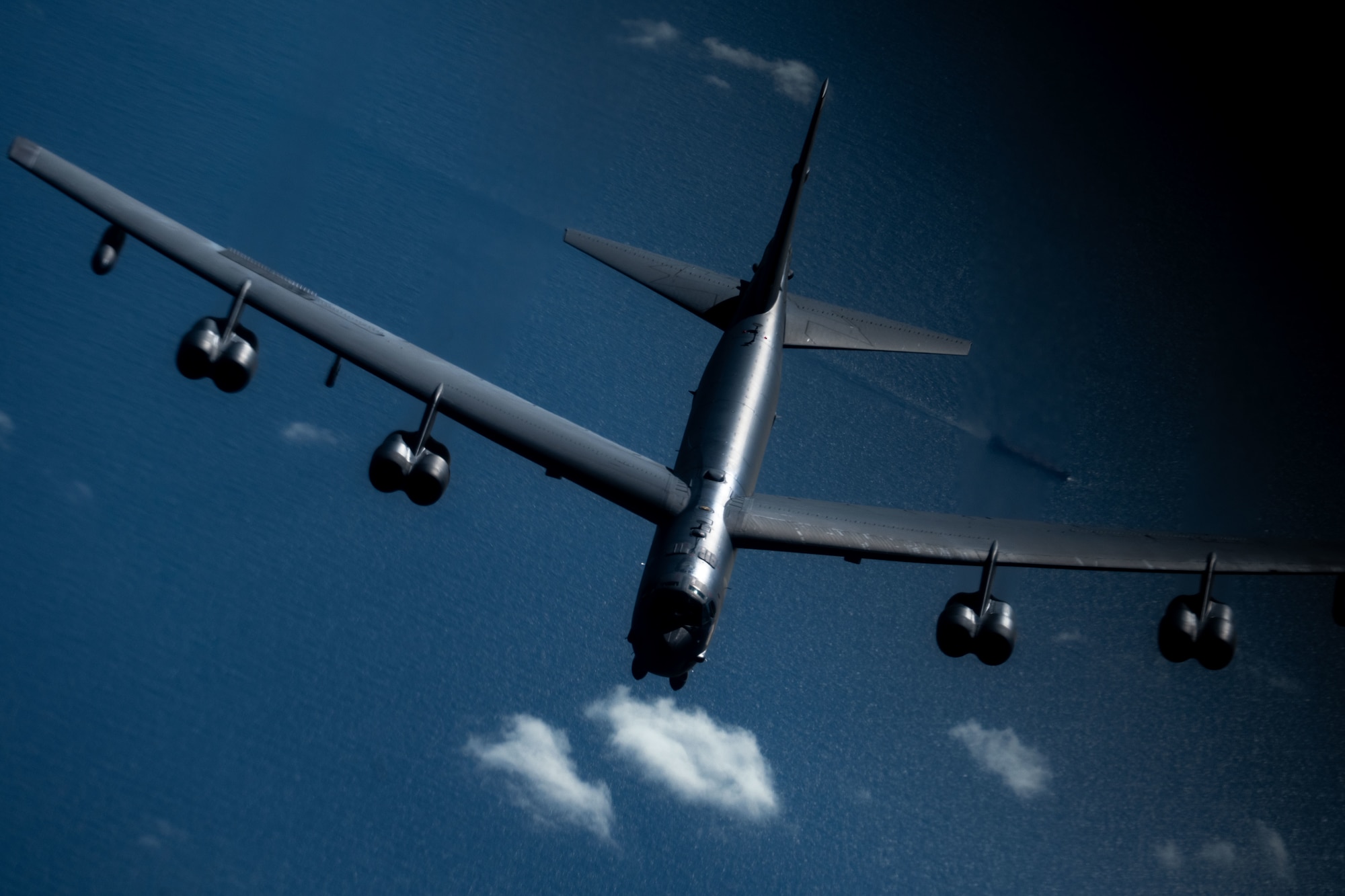 A U.S. Air Force B-52 Stratofortress bomber assigned to the 2nd Bomb Wing, navigates in the U.S. Southern Command area of responsibility, Oct. 15, 2025. U.S. B-52H long-range strategic bombers conducted training operations, showcasing the U.S Air Force’s global reach and strategic strike capability against transnational threats. (U.S. Air Force photo by Senior Airman Zachary Foster)
