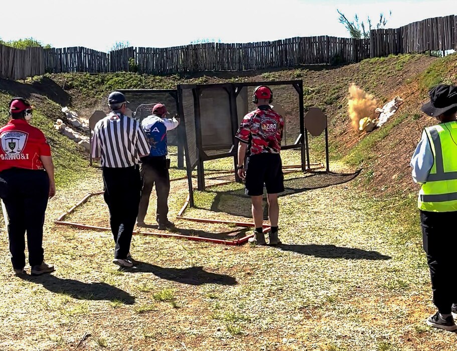 United States Air Force Tech Sgt. Dan Antonio Deladingco, 9th Mission Support Group (MSG) executive assistant, competes in the 2025 International Practical Shooting Confederation (IPSC) Handgun World Shoot in Stilfontein, South Africa, Aug. 25, 2025.