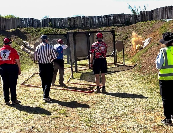 United States Air Force Tech Sgt. Dan Antonio Deladingco, 9th Mission Support Group (MSG) executive assistant, competes in the 2025 International Practical Shooting Confederation (IPSC) Handgun World Shoot in Stilfontein, South Africa, Aug. 25, 2025.