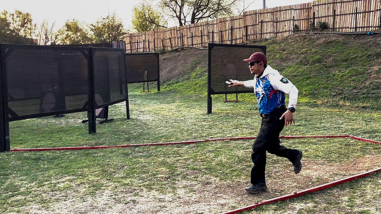 United States Air Force Tech Sgt. Dan Antonio Deladingco,9th Mission Support Group (MSG) executive assistant, competes in the 2025 International Practical Shooting Confederation (IPSC) Handgun World Shoot in Stilfontein, South Africa, Aug. 25, 2025.
