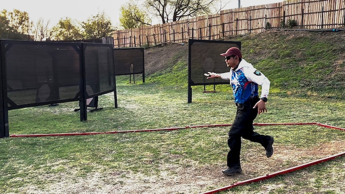 United States Air Force Tech Sgt. Dan Antonio Deladingco,9th Mission Support Group (MSG) executive assistant, competes in the 2025 International Practical Shooting Confederation (IPSC) Handgun World Shoot in Stilfontein, South Africa, Aug. 25, 2025.