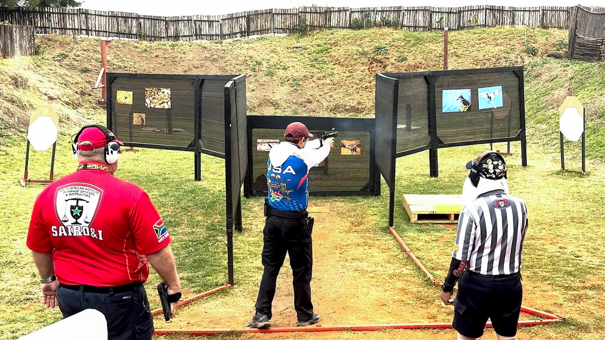 United States Air Force Tech Sgt. Dan Antonio Deladingco, 9th Mission Support Group (MSG) executive assistant, competes in the 2025 International Practical Shooting Confederation (IPSC) Handgun World Shoot in Stilfontein, South Africa, Aug. 25, 2025.