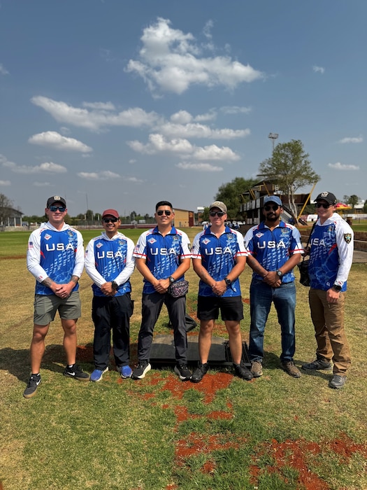 United States Air Force Tech Sgt. Dan Antonio Deladingco, 9th Mission Support Group (MSG) executive assistant, poses in a photo alongside other Team USA members in the Armed Forces during the 2025 International Practical Shooting Confederation (IPSC) Handgun World Shoot in Stilfontein, South Africa, Aug. 27, 2025.