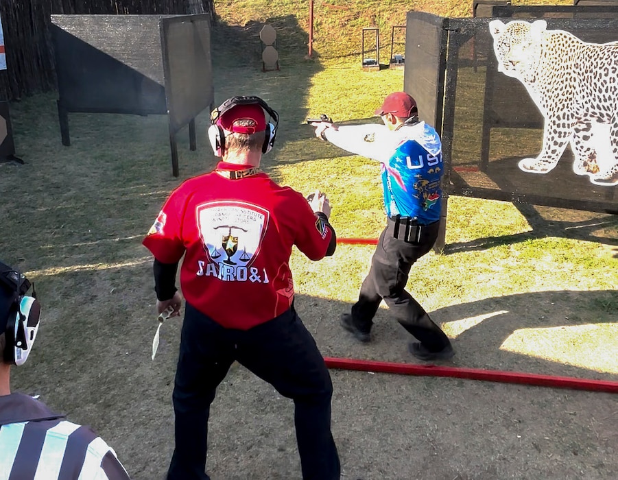 United States Air Force Tech Sgt. Dan Antonio Deladingco, 9th Mission Support Group (MSG) executive assistant, competes in the 2025 International Practical Shooting Confederation (IPSC) Handgun World Shoot in Stilfontein, South Africa, Aug. 25, 2025.
