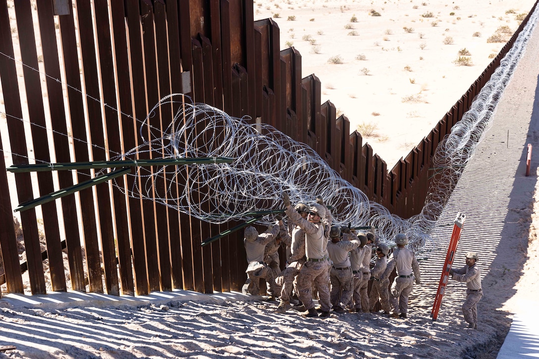 Dozens of Marines hold up concertina wire against a large metal fence in a desert-like area during the day.